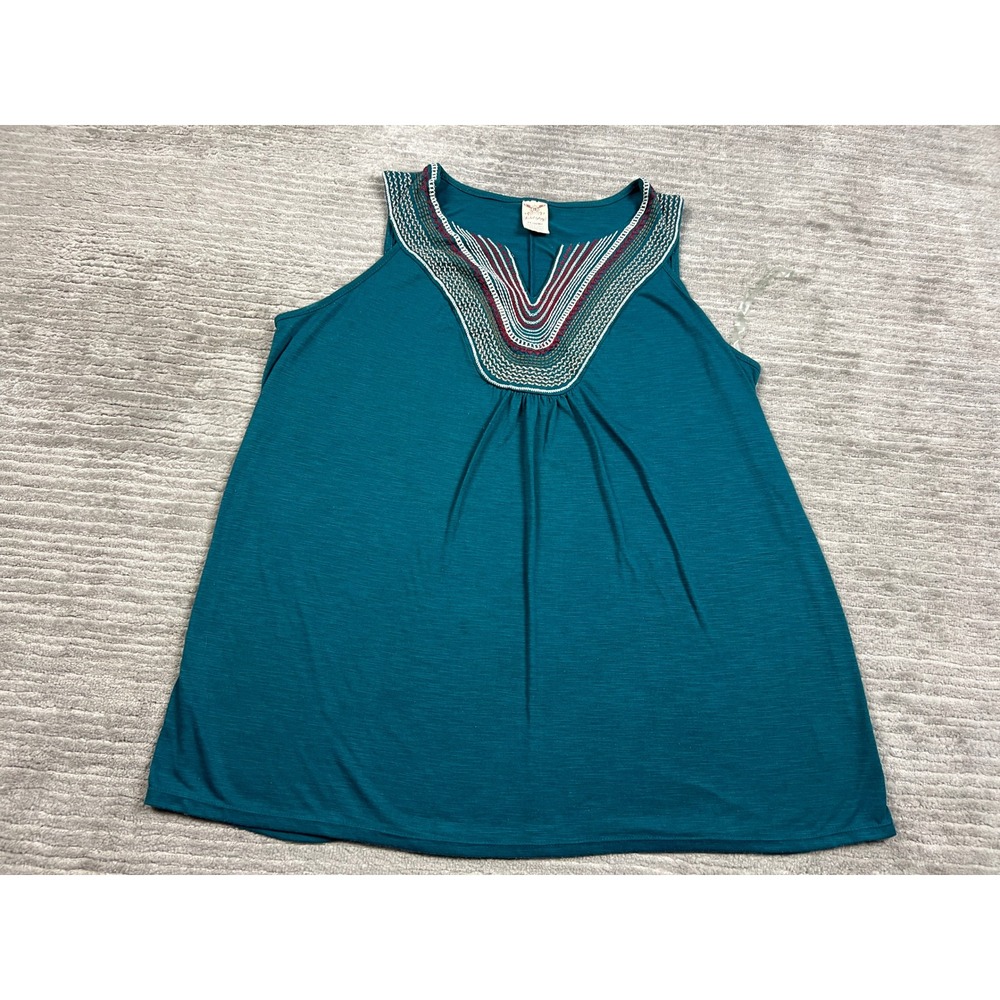 Faded Glory Tank Top Women 1X Antique Teal Embroidered Boho Slub Knit Sleeveless